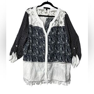 Calessa Plus Size 3X Art to Wear Abstract Mix Material Pieced Knit Tunic Top